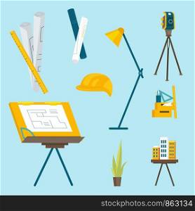 A set of working tools for the architect to work. Vector illustration of working cartoon characters in coworking studio. The concept of construction, architecture, design, workplace.