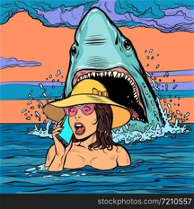 A shark attacks a woman at sea. The girl asks for help on the phone. Pop art retro vector illustration drawing. A shark attacks a woman at sea. The girl asks for help on the phone