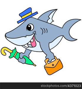 a shark with a happy expression full of enthusiasm carrying a bag ready to perform as a magician