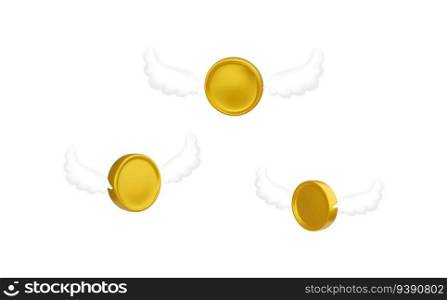 A shiny flying gold coin with gilded wings on a yellow  background. A symbol of good luck and success in financial affairs. Release from financial shackles and achieving the goal.