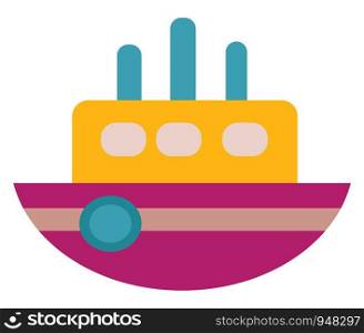 A ship with the hull in lovely pink, upper deck in yellow, and three funnels in blue, and lifebuoy beside the ship is all set ready to travel across the sea, vector, color drawing or illustration.