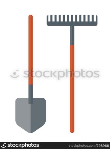 A shovel and rake are gardening tools. A Contemporary style. Vector flat design illustration isolated white background. Vertical layout.. Shovel and rake