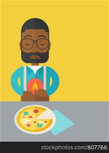 A sick african-american man with heartburn due to pizza holding hands on his stomach vector flat design illustration. Vertical layout with a text space.. Man with heartburn.