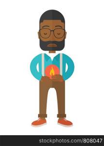 A sick african-american man with heartburn holding hands on his stomach vector flat design illustration isolated on white background. Vertical layout.. Man with heartburn.