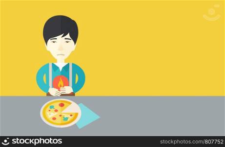 A sick asian man with heartburn due to pizza holding hands on his stomach vector flat design illustration. Horizontal layout with a text space for a social media post.. Man with heartburn.