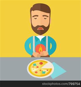 A sick man has a stomach burn or Abdominal pain after he ate a slice of pizza. A Contemporary style with pastel palette, a yellow tinted background. Vector flat design illustration. Square layout.. Man has a stomach burn or abdominal pain after he ate pizza.