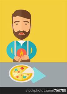 A sick man has a stomach burn or Abdominal pain after he ate a slice of pizza. A Contemporary style with pastel palette, a yellow tinted background. Vector flat design illustration. Vertical layout with text space in right side. . Man has a stomach burn or abdominal pain after he ate pizza.