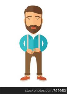 A sick man standing while holding his stomach has a abdominal pain. A Contemporary style. Vector flat design illustration isolated white background. Vertical layout.. Man standing while holding his stomach has a abdominal pain.