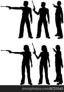 A silhouette man and woman shoot a target pistol in three stances.