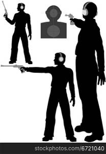 A silhouette man shoots a target pistol in three poses.