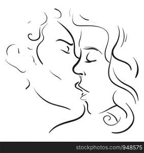 A silhouette of a girl and a boy kissing, vector, color drawing or illustration.