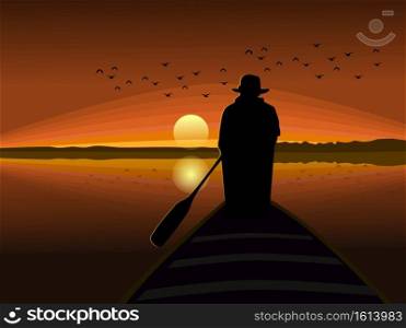 A silhouette of a man in a hat rowing a small boat with the sun in the background