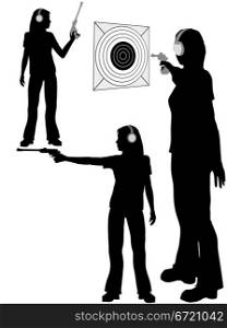 A silhouette woman shoots a target pistol in three poses.