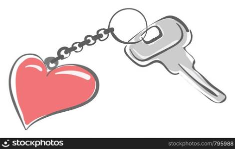 A silver key with a red heart on it's keychain, vector, color drawing or illustration.