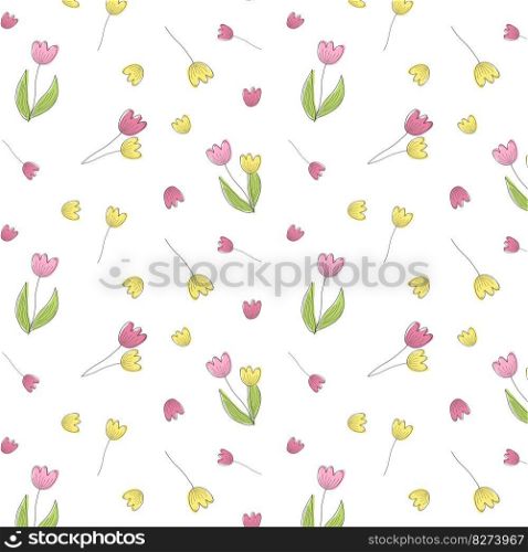 A simple hand-drawing pattern with pink and yellow tulips on a white background. vector. 