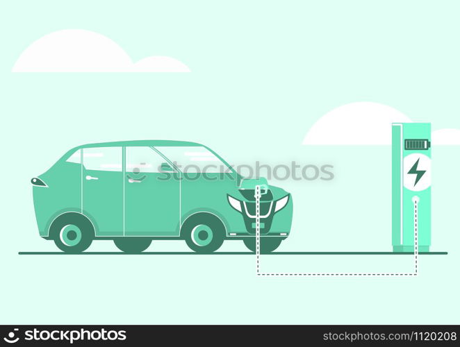 A simplified illustration of an electric car charging at a charging station. Side view. Flat vector.