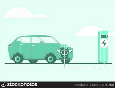 A simplified illustration of an electric car charging at a charging station. Side view. Flat vector.