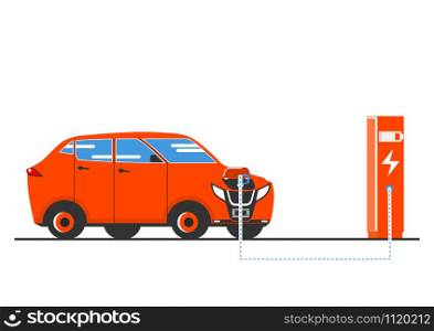 A simplified illustration of an electric car charging at a charging station. Side view. Flat vector.