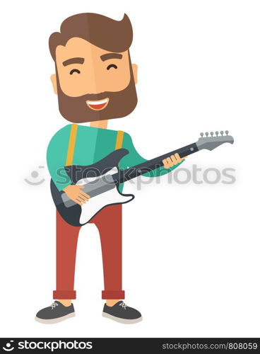 A singing musician playing electric guitar. A Contemporary style. Vector flat design illustration isolated white background. Vertical layout. Musician is playing electrical guitar