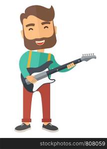 A singing musician playing electric guitar. A Contemporary style. Vector flat design illustration isolated white background. Vertical layout. Musician is playing electrical guitar