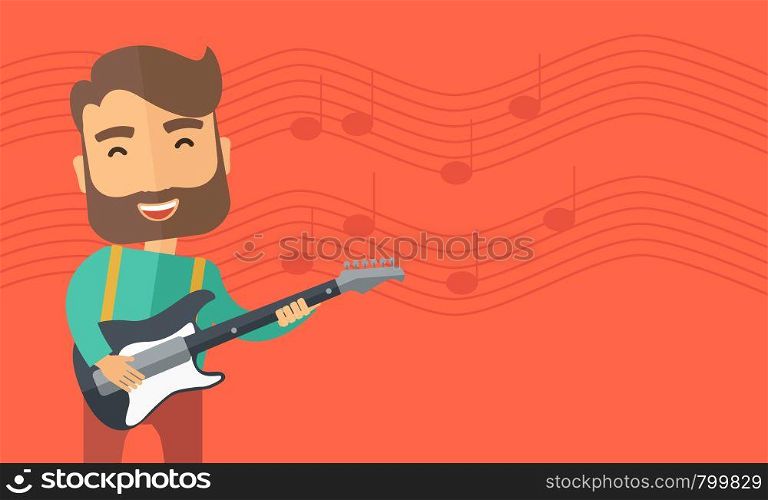 A singing musician playing electric guitar. Vector flat design illustration. Horizontal layout with text space in right side.. Musician is playing electrical guitar