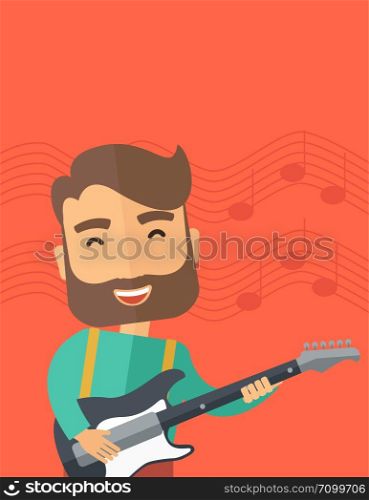 A singing musician playing electric guitar. Vector flat design illustrations. Vertical layout with text space on top part.. Musician is playing electrical guitar