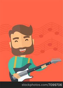 A singing musician playing electric guitar. Vector flat design illustrations. Vertical layout with text space on top part.. Musician is playing electrical guitar