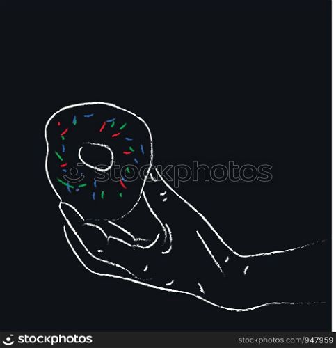 A sketch of a donut in hand on a dark black board , vector, color drawing or illustration.
