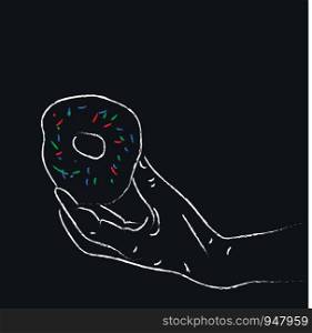 A sketch of a donut in hand on a dark black board , vector, color drawing or illustration.