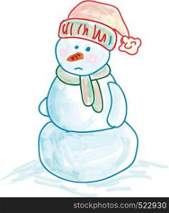 A sketch of a sad snowman wearing stocking hat and a scarf vector color drawing or illustration