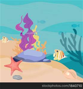 A sketch of a section of the seabed, sand and stones, beautiful marine life, bright fish and corals. Vector illustration