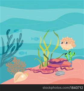 A sketch of a section of the seabed, sand and stones, beautiful marine life, bright fish and corals. Vector illustration
