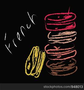 A sketch of french macroons in a chalk on a black board , vector, color drawing or illustration.
