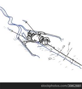 A skier crashed into a tree. Wintersports. Ski descent. Black and white drawing for coloring. skier crashed into a tree