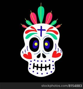 A skull decorated with ornaments, hearts, feathers for the celebration of the Day of the Dead and Halloween Vector illustration. Skull for the Day of the Dead, Halloween. Vector