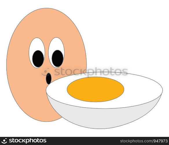 A slice of a healthy boiled egg with a full raw egg , vector, color drawing or illustration.