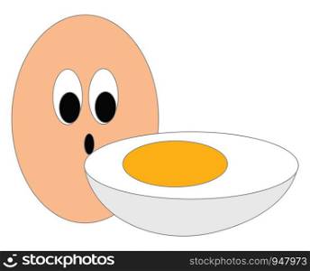 A slice of a healthy boiled egg with a full raw egg , vector, color drawing or illustration.