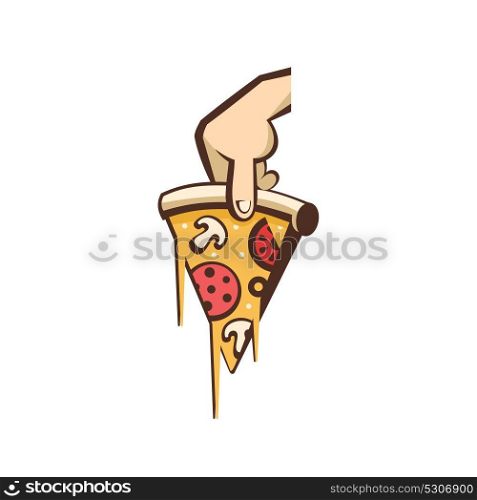 A slice of hot pizza with mushrooms, sausage, tomatoes and cheese in hand. Vector logo pizza.