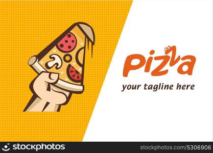 A slice of hot pizza with mushrooms, sausage, tomatoes and cheese in hand. Vector illustration, logo in cartoon style for cafe pizzeria.