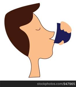 A small boy drinking a cup of water in thirst , vector, color drawing or illustration.