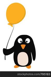 A small cute penguin in black color with a yellow balloon in its hand vector color drawing or illustration