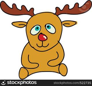 A small deer with red nose looking happy vector color drawing or illustration
