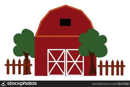 A small hut house in a farm with lot of trees and plants around it , vector, color drawing or illustration.