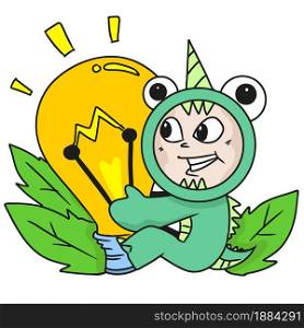 a small monster child hugging a bulb lamp. cartoon illustration sticker emoticon