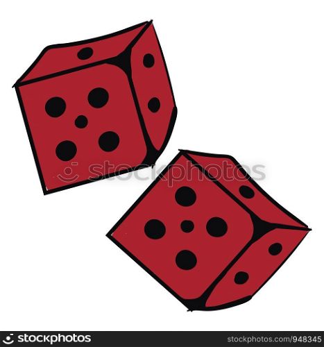 A small red cube with each side having a different number of black spots is all set ready to be thrown and played in the games or gambling, vector, color drawing or illustration.