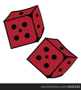 A small red cube with each side having a different number of black spots is all set ready to be thrown and played in the games or gambling, vector, color drawing or illustration.