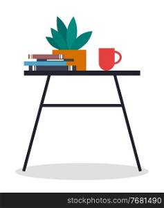A small table with a stack of books, potted plant and a cup of coffee or tea. Cozy workplace in office. Office interior equipment books, folders and papers on table flat style vector illustration. A small table with a stack of books, potted plant and a cup of coffee or tea. Cozy workplace