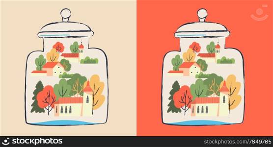 A small village in a glass jar. Houses, trees. Vector illustration.. A small village in a glass jar. Vector illustration.