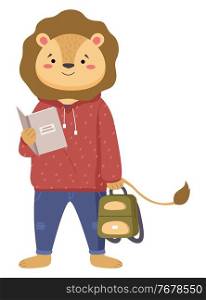 A smart lion schoolboy holding exercise book and backpack standing full length isolated on white background. Funny cartoon animal student. Elementary school education concept, primary school year. A smart lion schoolboy holding exercise book and school bag standing full length isolated