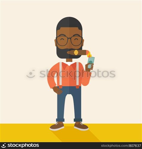 A smiling african-american businessman lighting the cigar tobacco to release pressure from work. Successful business concept. A Contemporary style with pastel palette, soft beige tinted background. Vector flat design illustration. Square layout.. African-american Businessman lighting the cigar tobacco.